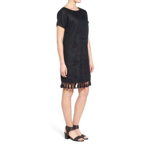 Madewell Linen Blend Embroidered Tassel Shift Dress - Size M Black - Picture 2 of 11